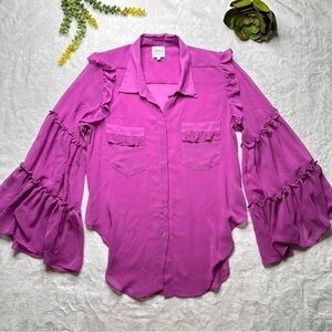 Misa Los Angeles Ruffled Bell Sleeve Semi Sheer Button Front Blouse in Pink Med